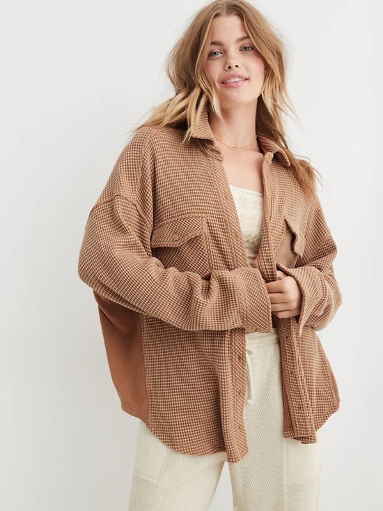 aerie Jackets & Blazers - aerie Tan Waffle-Knit Shirt